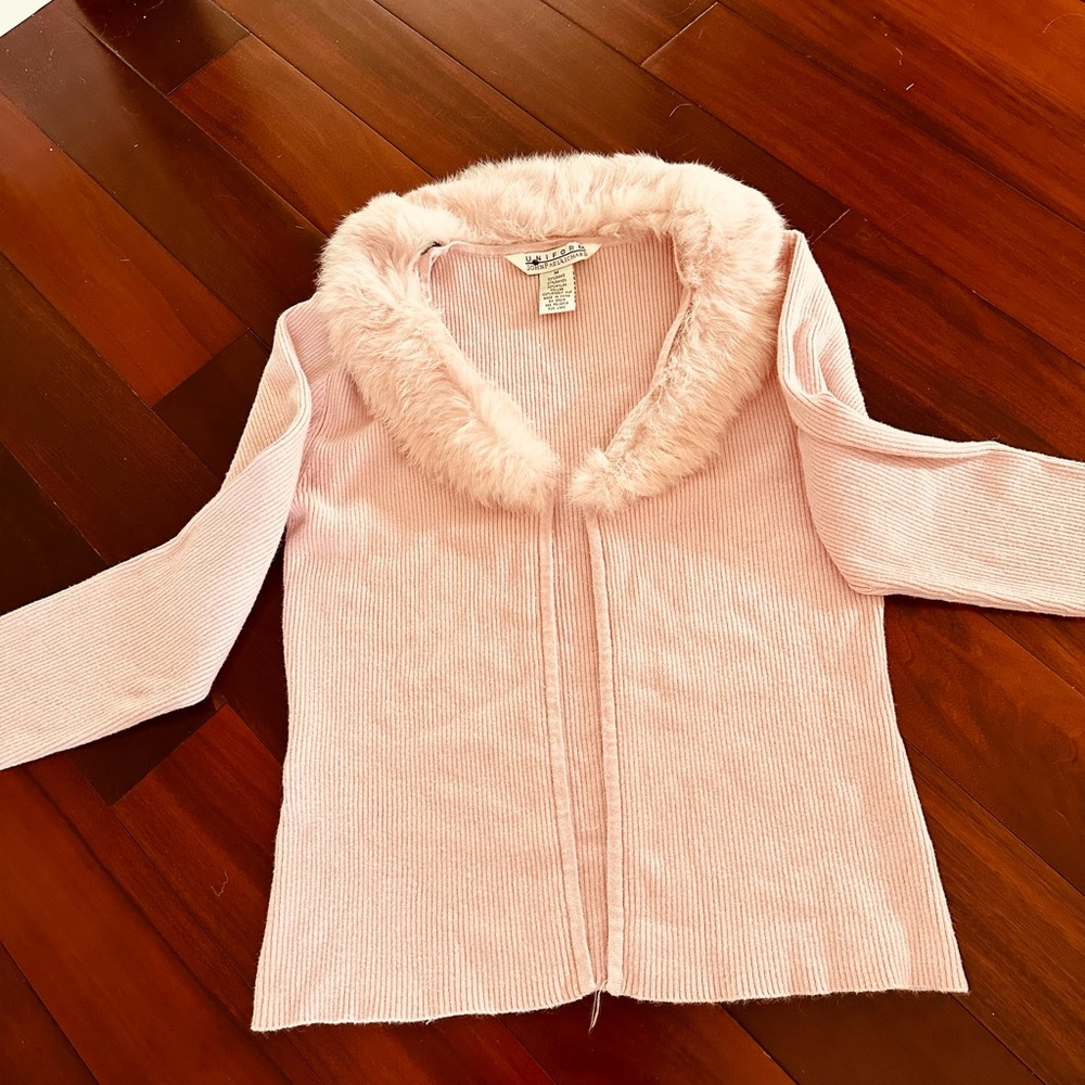 JohnPaulRichard Blush Pink Faux-Fur Collar Cardigan Sweater
